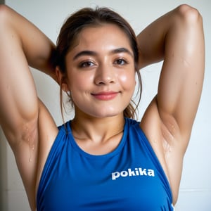 busty rashmika taking a selfie raising her arms, pokies, sleeveless_shirt, armpit_folds, showing_armpits, armpits, armpit_sweat, upper body, showing armpits, armpit_crease, high_resolution_skin, photorealistic