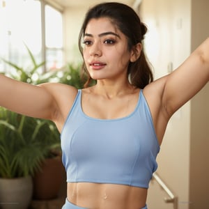 woman taking a selfie raising her arms, sleeveless outfit, pokies, armpit_folds, showing_armpits, armpits, armpit_sweat, upper body, showing armpits, armpit_crease, close up on armpits, high_resolution_skin, ,photorealistic