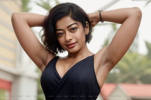 busty rashmika taking a selfie raising her arms, sleeveless, short curly hair, pokies, armpit_folds, showing_armpits, armpits, armpit_sweat, upper body, showing armpits, armpit_crease, close up on armpits, high_resolution_skin, photorealistic