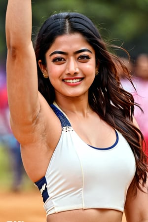 Rashmika mandanna taking a selfie raising her arms, cheerleader outfit, pokies, armpit_folds, showing_armpits, armpits, armpit_sweat, upper body, showing armpits, armpit_crease, close up on armpits, high_resolution_skin, photorealistic