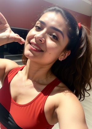 big breasted alia bhatt taking a selfie raising her arms, cheerleader outfit, pokies, armpit_folds, showing_armpits, armpits, armpit_sweat, upper body, showing armpits, armpit_crease, close up on armpits, high_resolution_skin, photorealistic