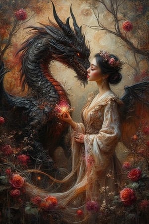 dark oil painting, grunge strokes style, In a dark fantasy world, a black fiercly dragon and a fairy hijab princess wearing  white kebaya bali share an enchanting magical story. The dragon, a combination of Asian and European majestic and powerful, exudes an red aura of strength.  the fairy princess with a flower aura on her hands, ethereal and graceful, glows with an otherworldly beauty. They are depicted in a lush, enchanted forest, filled with lower mute colors and magical red flora. The scene captures their deep connection, with the dragon's swirling gaze on the princess, Their connection transcends the ordinary, blending the might of the dragon with the delicate charm of the fairy princess. color pallete dark muted earth shades, dark red and black .