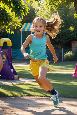 A sizzling summer afternoon on an outdoor playground setting. A petite tween girl with a toned physique is captured in mid-stride, her golden locks blowing softly as she runs towards the camera. The sun beats down, casting a warm glow and long shadows across the lush green grass. Her eyes sparkle with joy, and her bright smile reveals a hint of mischief. The playground equipment, vibrant colors, and natural surroundings blend together to create a lively and carefree atmosphere.