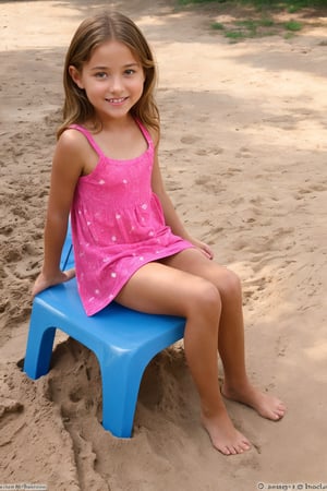 "Ava, a 12-year-old with a petite and adorable frame, has a blast building sandcastles in the sandbox. Sitting with her legs comfortably spread, her colorful dress has moved, revealing a hint of her playful underwear. Ava’s enthusiasm and cute presence add to the fun of the playground."