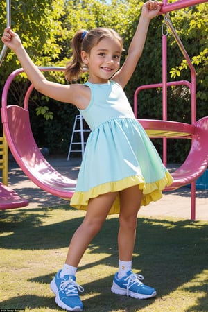 A vibrant outdoor scene: A petite tween girl with a well-proportioned physique poses on a colorful playground. She's dressed in a bright yellow sundress and sneakers, her dark hair tied back in a ponytail. The sun casts a warm glow, illuminating her smile as she swings on the bars. The background features lush greenery and a blue sky dotted with puffy white clouds.