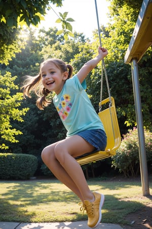 A sunny afternoon at a bustling public park, the camera captures an unobtrusive yet intimate moment. A petite tween girl, lost in joyful abandon, swings freely on a bright yellow swing set against a backdrop of lush green trees and vibrant flowers. Her laughter and carefree spirit fill the air as she twirls around with abandon, her pigtails bouncing with each movement. The warm sunlight casts a gentle glow, accentuating the surrounding foliage and highlighting the subject's innocent charm.