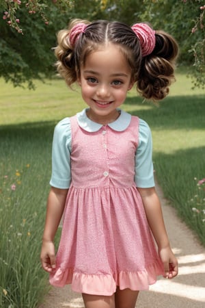 A bright pink dress with white polka dots and a whimsical cartoon rabbit patterned collar, designed for a 6-year-old girl's casual wear. The soft cotton blend fabric drapes comfortably around her petite frame, ensuring ease of movement and all-day comfort. A classic cut provides full coverage, while the cotton-lined crotch adds an extra layer of gentleness against her skin. Against a warm, sunny background, she poses with a carefree smile, her curly hair tied back in pigtails, surrounded by lush green grass and colorful flowers. The playful design features a sprinkle of stars and stripes on her sleeves, adding to the overall whimsical charm of this everyday wear.