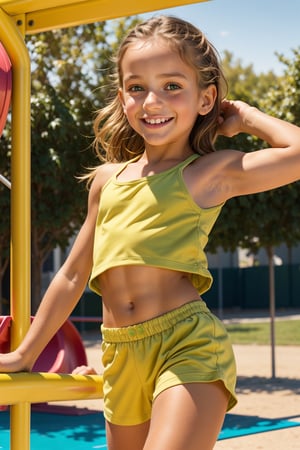 A close-up outdoor shot of a petite tween girl with a toned physique, dressed in a casual outfit and sporting a joyful smile as she plays on a playground structure. The warm sunlight casts a golden glow on her skin, accentuating her defined muscles and athletic build. Framed by a green background, the subject's dynamic pose captures the carefree spirit of childhood.