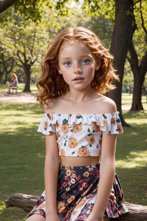 A captivating scene unfolds: a precocious 8-year-old girl, with fiery ginger locks and freckles on her porcelain skin, sits majestically at the park. Her messy tresses frame her youthful features, including those mesmerizing eyes that seem to hold a secret. The sensual curve of her mouth hints at mischief. She's dressed in a tantalizing floral micro-skirt and off-the-shoulder cropped top, showcasing her playful innocence. The camera captures her dynamic poses, shifting between full-body shots as she sits effortlessly, surrounded by the lush greenery of the park. Soft colors blend harmoniously with photorealistic quality, making this image a stunning 8K masterpiece.