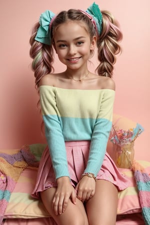 Subject: A petite, fashionable young girl.

Appearance:

Age: Around 12 years old.
Hair: Different styles for each pose, detailed below.
Eyes: Bright and expressive, such as deep blue or green.
Skin: Fair with a natural, youthful glow.
Build: Slim and youthful.
Clothing:

Top: A stylish and trendy top in vibrant pastel colors. Options include:
Off-Shoulder Blouse: Light and airy with playful prints such as flowers or stars in pastel hues like lavender, mint green, or soft pink. Features like ruffles and a small bow at the collar add charm.
Graphic Tee: A fun t-shirt with whimsical designs or characters, like unicorns or rainbows, in pastel colors.
Skirt: A chic and playful skirt in coordinating pastel shades. Examples include:
A-Line Skirt: Falls just above the knee, with a slight flare for ease of movement. Available in cheerful pastel colors like baby blue, peach, or lemon yellow.
Pleated Skirt: Adds a touch of classic style with crisp pleats, available in pastel patterns like gingham or floral.
Knee-High Socks: Complement the skirt with a fun and stylish pair of knee-high socks. Options include:
Solid Pastels: Bright and cheerful colors like pastel pink, blue, or lavender.
Patterns: Stripes, polka dots, or themed designs in pastel shades that add a playful element.
Shoes: Comfortable and stylish footwear to complete the outfit. Choices include:
Ballet Flats: Simple and elegant, available in pastel colors.
Sneakers: Casual and comfortable, with playful designs or pastel embellishments.
Accessories:

Headband: A cute headband with a bow or decorative elements in matching pastel colors.
Bracelet: A small charm bracelet or a colorful band that adds a touch of fun.
Necklace: A delicate pendant necklace that is simple and age-appropriate.
Hairstyles:

Standing Pose:
Pose 1: Hair in soft waves, held back with a pastel-colored headband, one hand on her hip and the other playfully holding her skirt, giving a cheerful smile.
Pose 2: Hair in a high ponytail with a pastel ribbon, standing with both feet together, arms outstretched, and a big, joyful smile, showcasing the full outfit.
Sitting Pose:
Pose 1: Hair in two braided pigtails, sitting cross-legged on the ground, hands resting on her knees, looking up with a bright smile.
Pose 2: Hair in a low bun with a few loose strands framing her face, sitting on a bench or chair with one leg crossed over the other, leaning slightly forward with a playful expression.
Lying Down Pose:
Pose 1: Hair in a messy bun, lying on her stomach with her legs bent at the knees and feet in the air, propped up on her elbows, and smiling at the camera.
Pose 2: Hair in a half-up, half-down style, lying on her back with arms spread out, legs slightly bent, and a relaxed, happy expression.
Setting:

Location: A bright and cheerful environment such as a park, a playground, or a well-decorated room.
Background: Features playful and engaging elements like colorful decorations, a sunny outdoor scene, or a cozy indoor space.
Details: Enhances the overall cheerful and playful atmosphere, with elements like flowers, toys, or art supplies in the background.
Style:

Quality: Hyperrealistic, highly detailed, best quality.
Resolution: 8K, HDR, UHD resolution.
Comparison: Similar to a young fashion model featured in a children’s fashion magazine or an age-appropriate editorial, focusing on the complete outfit and overall style.
Scene and Angle:

Shot: Full-body and mid-range shots, engaging angles that capture the entire outfit and setting.
Emphasis: Highlighting the playful and stylish nature of the clothing while showcasing the girl’s enjoyment and confidence.
