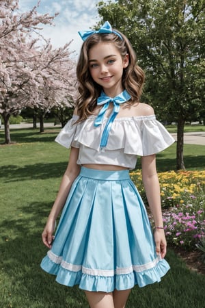 Here is a high-quality, coherent, and stable diffusion prompt based on your input:

A 12-year-old petite fashionista with bright blue eyes and fair skin poses in a vibrant pastel-colored off-shoulder blouse with ruffles and a small bow at the collar. Her hair is styled in soft waves, held back with a matching lavender headband, as she playfully holds her skirt and gives a cheerful smile. She's standing with one hand on her hip and the other holding her skirt, against a bright and cheerful park background featuring colorful flowers and toys. The scene is captured in hyperrealistic 8K resolution, with HDR and UHD quality.

This prompt combines the various elements you specified, including the girl's age, appearance, clothing, accessories, hairstyles, setting, and style. It also incorporates engaging angles and emphasis on highlighting her playful and stylish nature.