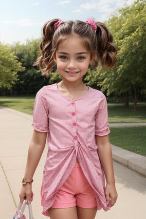 A playful and vibrant casual wear for young girls! A bright pink shirt with white polka dots features a classic cut, covered buttons, and a cotton-lined crotch for added comfort. The fabric is soft and breathable, blending cotton with a hint of stretch. In the background, a whimsical cartoon cat design wraps around the hem, adding a touch of fun to everyday wear. The overall styling context showcases a carefree spirit, perfect for pairing with sportswear or casual outfits.