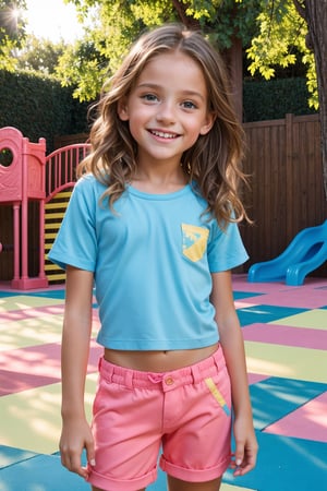 Captivating outdoor portrait of a petite tween girl, approximately 10-12 years old, showcasing her youthful energy and confident charm. She's dressed in casual wear, standing amidst the vibrant colors and textures of the playground equipment. Uncovered chest accentuates her toned physique as she laughs and plays with abandon, sun-kissed skin glowing warmly under the bright outdoor lighting.