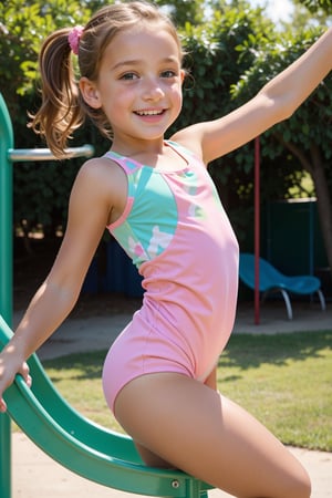 A candid outdoor shot captures the carefree joy of a petite tween girl as she plays at the playground. Framed by the vibrant green surroundings, her alluring outfit - a pastel pink leotard and matching shorts - accentuates her youthful exuberance. The warm sunlight casts a flattering glow on her freckled skin, while the subtle rustle of swings and laughter from nearby children add to the scene's charm.