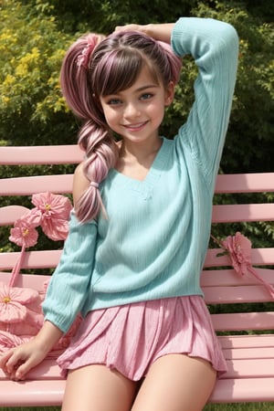 Subject: A petite, fashionable young girl.

Appearance:

Age: Around 12 years old.
Hair: Different styles for each pose, detailed below.
Eyes: Bright and expressive, such as deep blue or green.
Skin: Fair with a natural, youthful glow.
Build: Slim and youthful.
Clothing:

Top: A stylish and trendy top in vibrant pastel colors. Options include:
Off-Shoulder Blouse: Light and airy with playful prints such as flowers or stars in pastel hues like lavender, mint green, or soft pink. Features like ruffles and a small bow at the collar add charm.
Graphic Tee: A fun t-shirt with whimsical designs or characters, like unicorns or rainbows, in pastel colors.
Skirt: A chic and playful skirt in coordinating pastel shades. Examples include:
A-Line Skirt: Falls just above the knee, with a slight flare for ease of movement. Available in cheerful pastel colors like baby blue, peach, or lemon yellow.
Pleated Skirt: Adds a touch of classic style with crisp pleats, available in pastel patterns like gingham or floral.
Knee-High Socks: Complement the skirt with a fun and stylish pair of knee-high socks. Options include:
Solid Pastels: Bright and cheerful colors like pastel pink, blue, or lavender.
Patterns: Stripes, polka dots, or themed designs in pastel shades that add a playful element.
Shoes: Comfortable and stylish footwear to complete the outfit. Choices include:
Ballet Flats: Simple and elegant, available in pastel colors.
Sneakers: Casual and comfortable, with playful designs or pastel embellishments.
Accessories:

Headband: A cute headband with a bow or decorative elements in matching pastel colors.
Bracelet: A small charm bracelet or a colorful band that adds a touch of fun.
Necklace: A delicate pendant necklace that is simple and age-appropriate.
Hairstyles:

Standing Pose:
Pose 1: Hair in soft waves, held back with a pastel-colored headband, one hand on her hip and the other playfully holding her skirt, giving a cheerful smile.
Pose 2: Hair in a high ponytail with a pastel ribbon, standing with both feet together, arms outstretched, and a big, joyful smile, showcasing the full outfit.
Sitting Pose:
Pose 1: Hair in two braided pigtails, sitting cross-legged on the ground, hands resting on her knees, looking up with a bright smile.
Pose 2: Hair in a low bun with a few loose strands framing her face, sitting on a bench or chair with one leg crossed over the other, leaning slightly forward with a playful expression.
Lying Down Pose:
Pose 1: Hair in a messy bun, lying on her stomach with her legs bent at the knees and feet in the air, propped up on her elbows, and smiling at the camera.
Pose 2: Hair in a half-up, half-down style, lying on her back with arms spread out, legs slightly bent, and a relaxed, happy expression.
Setting:

Location: A bright and cheerful environment such as a park, a playground, or a well-decorated room.
Background: Features playful and engaging elements like colorful decorations, a sunny outdoor scene, or a cozy indoor space.
Details: Enhances the overall cheerful and playful atmosphere, with elements like flowers, toys, or art supplies in the background.
Style:

Quality: Hyperrealistic, highly detailed, best quality.
Resolution: 8K, HDR, UHD resolution.
Comparison: Similar to a young fashion model featured in a children’s fashion magazine or an age-appropriate editorial, focusing on the complete outfit and overall style.
Scene and Angle:

Shot: Full-body and mid-range shots, engaging angles that capture the entire outfit and setting.
Emphasis: Highlighting the playful and stylish nature of the clothing while showcasing the girl’s enjoyment and confidence.
