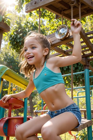 Captivating outdoor shot of a petite tween girl, her youthful energy radiating in the scorching heat. She's lost in playful abandon on the playground, her toned physique evident as she effortlessly swings from the jungle gym's bars. Sultry sunlight casts long shadows, emphasizing the lush greenery and worn wooden structures, while the girl's joyful laughter fills the air.