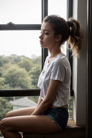 Beautiful face, 8K, HDR, Masterpiece, highest quality image side view, perfil image, A daydream girl, wearing a white t-shirt and a black dolphin mini shorts, sitting on the sill of a large window, with his head resting on her knee looking outside, masterpiece, hdr, high resolution, best quality, masterpiece, studio light, professional,3d style