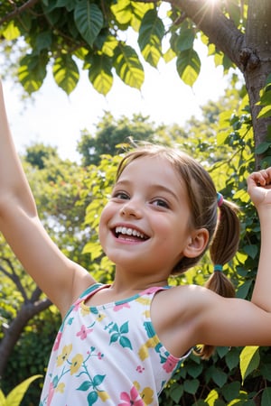 A playful scene unfolds as a small girl with pigtails and a bright smile frolics on the jungle gym. The camera captures her carefree moment from afar, peeking through the foliage of a nearby tree's branches, framing her joyous laughter and twirling motions against a warm sunny background