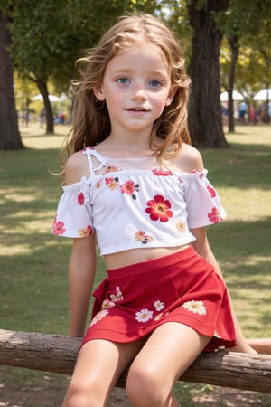 pretty young girl, 8 years old, kid, infant, tween, perfect shot, perfect eyes, ginger hair, messy hair, long hair, some freckles on the skin, perfect mounth, no smile, sensual, loli, naughty, wearing a cute floral micro-skirt and off-the-shoulder cropped top, sitting, at the park, full_body, real photo, photorealistic, best quality, 8K, 4K, soft collors, dynamic positions, different positions