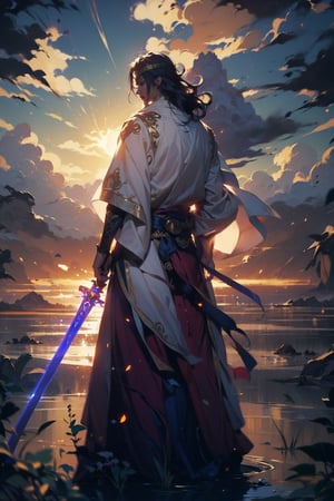 EpicGhost, (Anime style, Guvez style, long hair white robe, holding a sword, flowing white robe, blindfolded, Yang J, Zhiding, handsome art painting, beautiful character painting, Shi Tao)