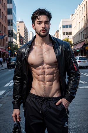 1boy, beard, abs body, outdoors, in city, black jacket