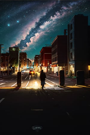 EpicLogo, car, a street road in the middle of the city, the sky is full of huge planet, night, galaxy, cinematic view, cinematic angle, cinematic light