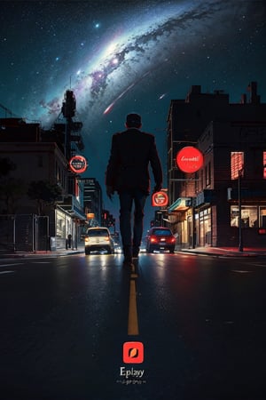 (EpicLogo:1.5), car, a street road in the middle of the city, the sky is full of huge planet, night, galaxy, cinematic view, cinematic angle, cinematic light