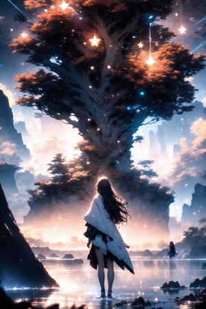 1girl, scenery, solo, sky, star sky, cloud, outdoors, standing, starry sky, fantasy, horizon, long hair, tree, light particles, water, very wide shot, from behind