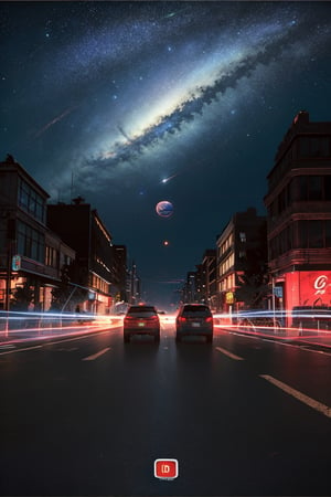 (EpicLogo:1.5), car, a street road in the middle of the city, the sky is full of huge planet, night, galaxy, cinematic view, cinematic angle, cinematic light