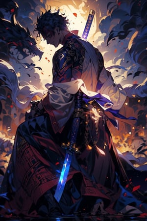 EpicGhost, (Anime style, Guvez style, long hair white robe, holding a sword, flowing white robe, blindfolded, Yang J, Zhiding, handsome art painting, beautiful character painting, Shi Tao)