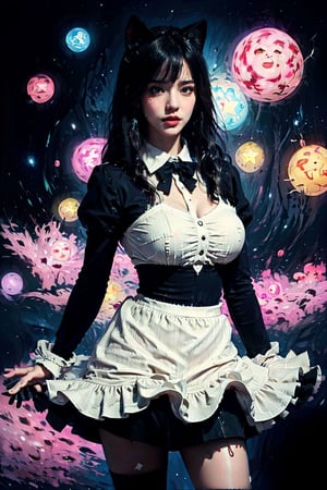(best quality, realistic:1.2), 1girl star \(symbol\), huge breasts, cat ears,1girl star \(symbol\),bow bowtie clothing cutout puffy sleeves white shirt gloves cat tail black dress black skirt black pantyhose,EpicArt,EpicLogo,DarkTheme