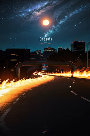 EpicLogo, car, a street road in the middle of the city, the sky is full of huge planet, night, galaxy, cinematic view, cinematic angle, cinematic light