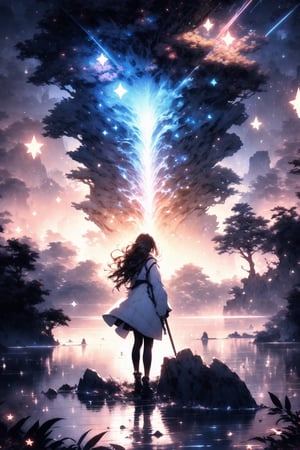 1girl, scenery, solo, sky, star sky, cloud, outdoors, standing, starry sky, fantasy, horizon, long hair, tree, light particles, water, very wide shot, from behind
