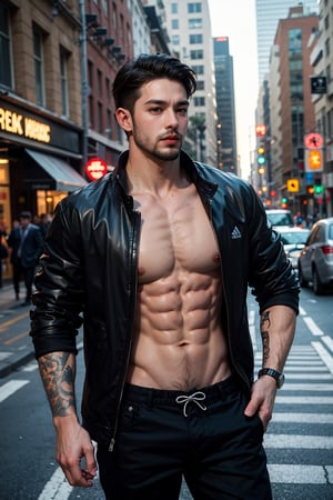 1boy, beard, abs body, outdoors, in city, black jacket