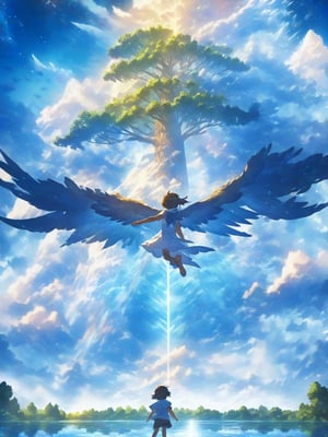 EpicSky, sky, cloud, wings, 1boy, 1girl, tree, water
