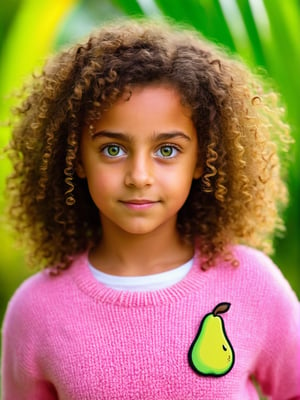 photo r3al, 1girl, solo, havaiian, curly hair, outdoor, palms in background, pink sweater with yellow-green pear badge on chest, big eyes, ultra realistic, best quality, proper anatomy, smirk, beautiful, exotic, natural face, angelic face, standing, front view, looking at viewer, detailed eyes, realistic eyes, (((closeup))), facing viewer