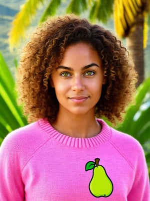 photo r3al, solo female, havaiian, curly hair, outdoor, palms in background, (pink sweater with large yellow-green pear badge on the middle chest), ultra realistic, best quality, proper anatomy, smirk, beautiful, exotic, natural face, angelic face, standing, front view, looking at viewer, detailed eyes, realistic eyes, (((closeup))), facing viewer