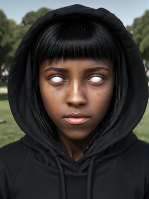 photo r3al, photorealistic, masterpiece, hyperdetailed photography, ebony teen girl with, black hair, black skin, at park, black hoodie, best quality, 8k UHD, 8k, ultra quality, ultra detailed, warm lighting, daylight, soft lighting, (closeup), looking_at_viewer, facing viewer, mad, whiteeyes, closed_mouth