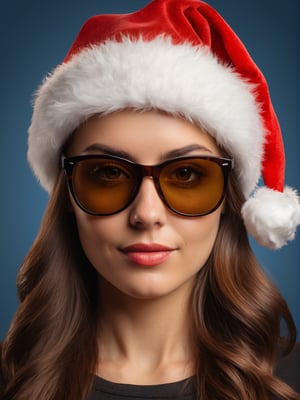 photo r3al, photorealistic, masterpiece, hyperdetailed photography, solo female, 30 years old, best quality, 8k, ultra quality, ultra detailed, closed mouth, warm lighting, soft lighting, (closeup), looking_at_viewer, facing viewer, front_view, office, sunglasses, santa hat