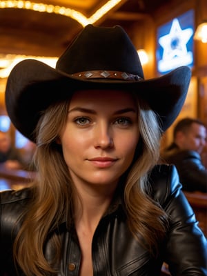 photo r3al, photorealistic, masterpiece, hyperdetailed photography, solo female, cowgirl at the bar, best quality, 8k, ultra quality, ultra detailed, closed mouth, warm lighting, 30 years old, ((((closed mouth, closeup)))), cowboy hat, black leather dress, portrait, detailed eyes, realistic eyes