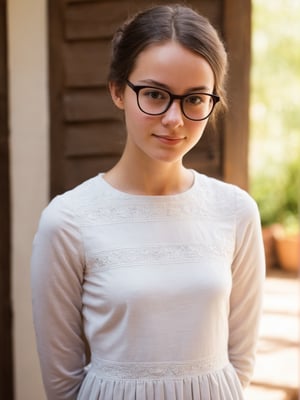 cute young brunette woman, white skin, outdoors, closeup, looking_at_viewer, modest dress, trad girl, warm lighting, skinny, glasses, daylight, tanned skin, bun, dark hair, cozy room