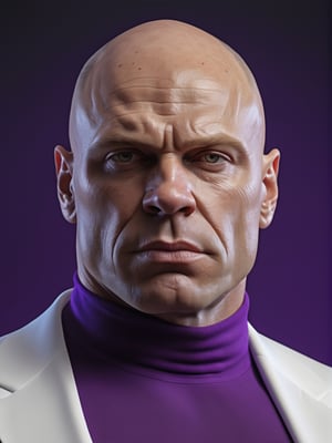 photo r3al, photorealistic, masterpiece, hyperdetailed photography of a bald huge muscled russian man, best quality, 8k UHD, 8k, ultra quality, ultra detailed, closed mouth, warm lighting, soft lighting, (closeup), looking_at_viewer, facing viewer, (((white suit))), (purple tshirt), (wide body), (wide shoulders), elegant