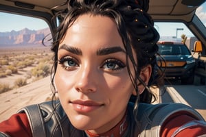 zoomed on face, close up, 1 woman, panam palmer, future truck, desert, nomad, close up, happy