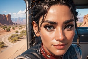 zoomed on face, close up, 1 woman, panam palmer, thortan truck, desert, nomad, close up, happy