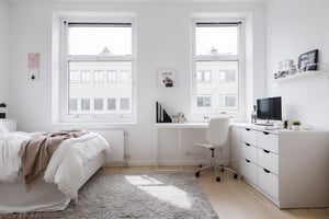 A female student's own room, simple, white walls, window frames, daytime