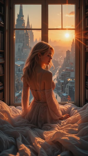 sexy girl, transparent embroidered nightgown, blonde, profile, in bed, eroticism, large window, sunrise, ((large futuristic landscape:1.5)), large library in the room, large amount of details (art inspired by Bill Sienkiewicz). oil painting)
