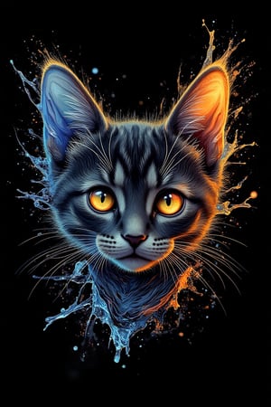 (a cute kitten), Hyperdetailed Eyes, Tee-Shirt Design, Line Art, Black Background, Ultra Detailed Artistic, Detailed Gorgeous Face, Natural Skin, Water Splash, Colour Splash Art, Fire and Ice, Splatter, Black Ink, Liquid Melting, Dreamy, Glowing, Glamour, Glimmer, Shadows, Oil On Canvas, Brush Strokes, Smooth, Ultra High Definition, 8k, Unreal Engine 5, Ultra Sharp Focus, Intricate Artwork Masterpiece, Ominous, Golden Ratio, Highly Detailed, Vibrant, Production Cinematic Character Render, Ultra High Quality Model