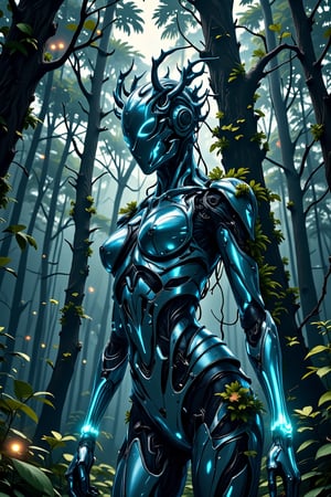 (masterpiece, high quality, 8K resolution). 
An extremely detailed anime illustration that combines a dystopian setting and supernatural creatures.
The center of the composition is a dryad in a world where there is no vegetation left. The forests have become mechanical and the dryad has become the keeper of one of these forests.
The dryad's appearance is completely cybernetic, but visually the metal resembles chrome-colored tree bark.
The background is a metal forest, cloudy weather, natural lighting.
Cool tones and matte drawing refer to the anime style of the 90s, and the overall style is inspired by the anime Attack on Titan. The composition is sensual and beautiful, filled with mysticism and drama. The tragedy of a world that has forgotten its roots.,cyberNature