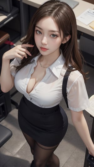 masterpiece, best quality, realistic, high_res, Real image of Fashion style, portrait of a lady photography,
1girl, (solo:1.5), hot, (standing:1.4), skirt, shirt, half mouth open, office lady, young, milf style, perfect female body, pantyhose, shot dress, office lady suits, (wearing glass:1.3), ass, (medium breasts:1.3), detailed face, sharp focus, see-through, focus on eyes, (overhead shot:1.3), simple background, blurred background, pefect detailed hands,