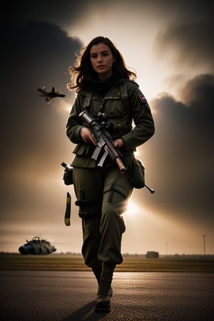 A full-body portrait of a beautiful female RAF pilot, long windy hair, WW2 RAF base set in english countryside, spitfires parked, beautiful round face, stunning bright eyes, soft skin, (Charlie Bowater, Alyssa Monks, Carne Griffiths, WLOP) perfect eyes, dynamic composition, artistic masterpiece, chiaroscuro, dynamic lighting, pretty girl, epic art, amazing quality, highly detailed, 8k,Jill,Military